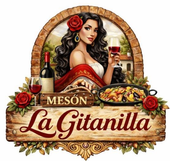 Logotipo de Mes&oacute;n La Gitanilla que muestra a una persona sosteniendo vino, una botella y una sart&eacute;n con comida