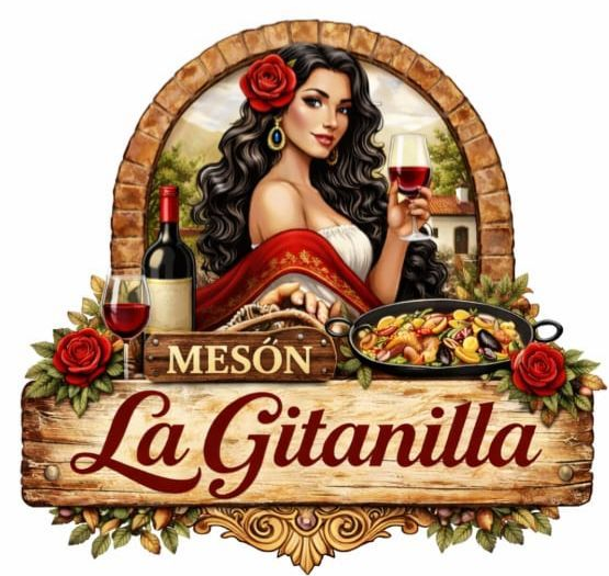Logotipo de Mes&oacute;n La Gitanilla que muestra a una persona sosteniendo vino, una botella y una sart&eacute;n con comida