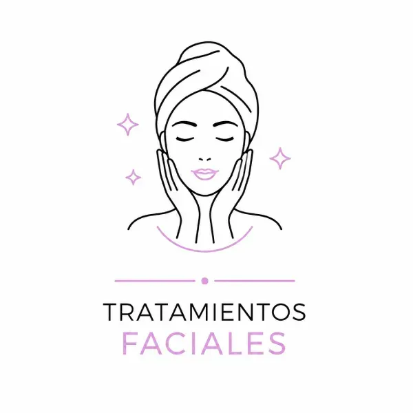 Logo de tratamientos faciales con ilustración de rostro, estrellas lilas y texto en negro y rosa.