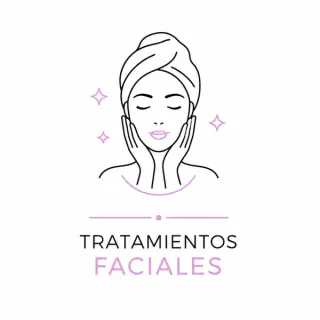 Logo de tratamientos faciales con ilustración de rostro, estrellas lilas y texto en negro y rosa.