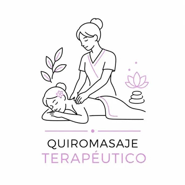 Logotipo de quiromasaje terapéutico: masajista atendiendo a una persona recostada, en tonos rosa y negro.