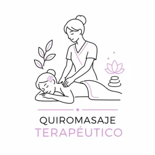Logotipo de quiromasaje terapéutico: masajista atendiendo a una persona recostada, en tonos rosa y negro.