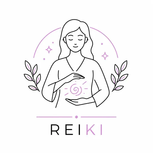 Dibujo lineal de una persona meditando con símbolos espirituales rosas y la palabra