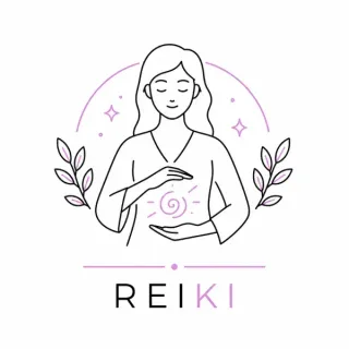 Dibujo lineal de una persona meditando con símbolos espirituales rosas y la palabra 