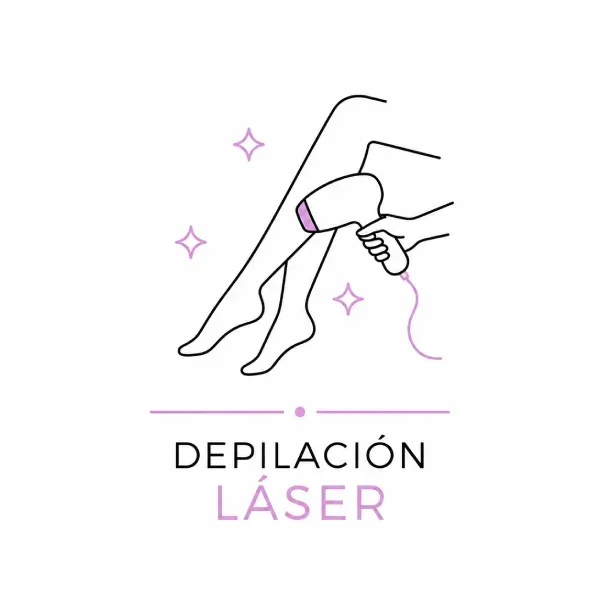 Ilustración de depilación láser en una pierna, con texto “DEPILACIÓN LÁSER” en tonos blanco y rosa.