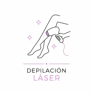 Ilustración de depilación láser en una pierna, con texto “DEPILACIÓN LÁSER” en tonos blanco y rosa.