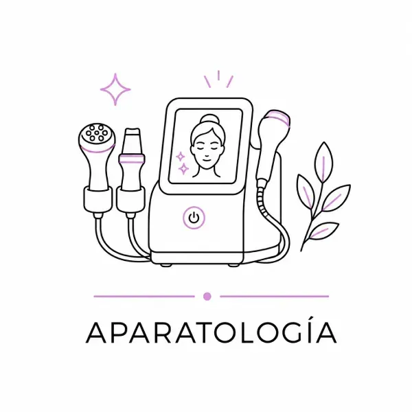 Logotipo de Aparatología con una máquina facial, cabezales de tratamiento y hojas moradas sobre un fondo blanco.