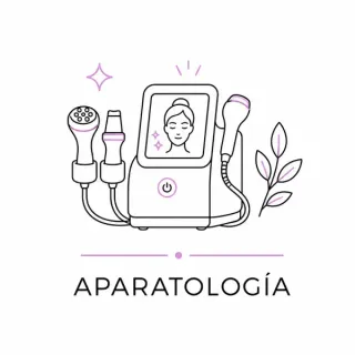 Logotipo de Aparatología con una máquina facial, cabezales de tratamiento y hojas moradas sobre un fondo blanco.