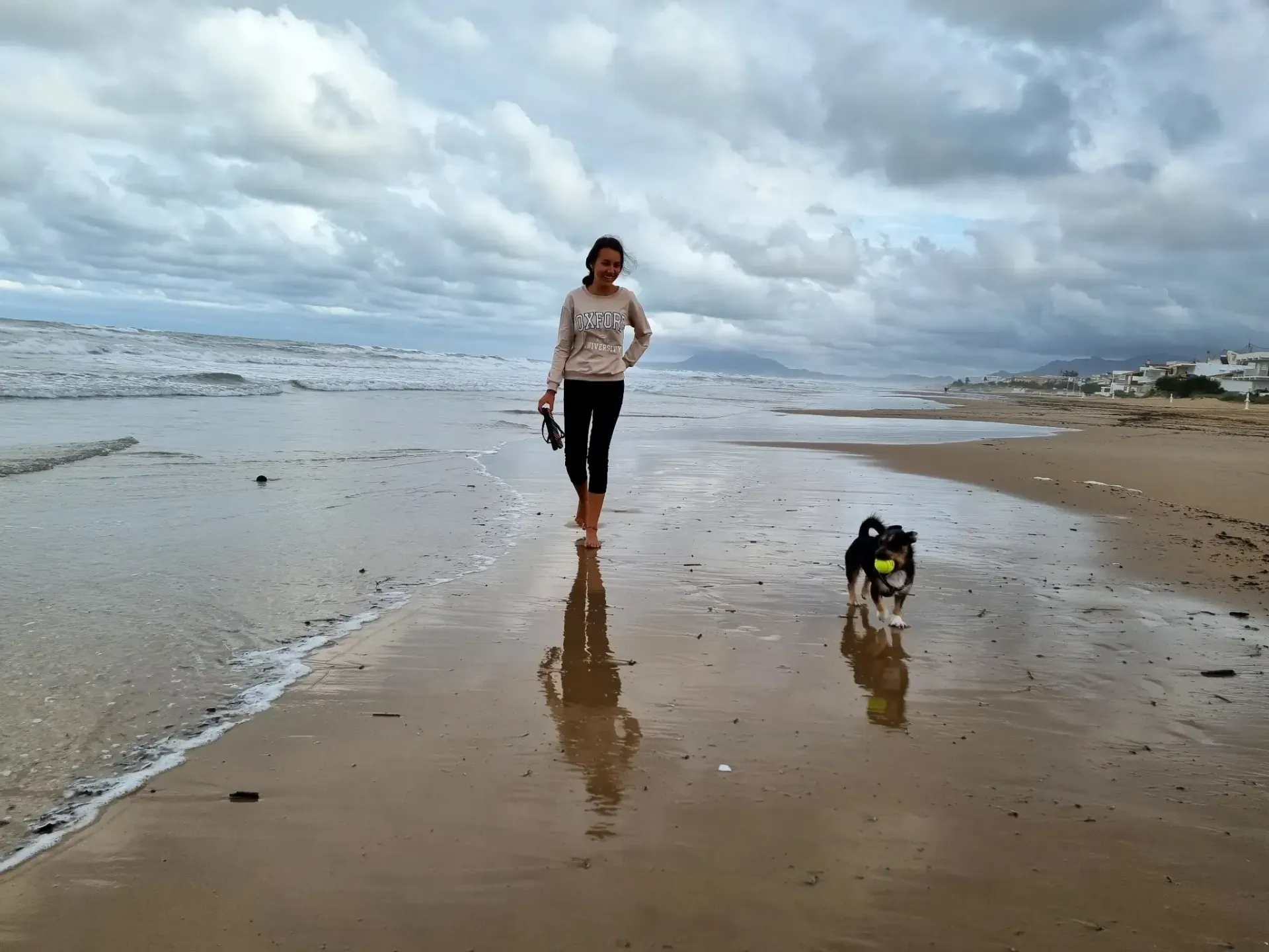 Mujer caminando en la playa mojada con un perro pequeño, cielo nublado en el fondo.