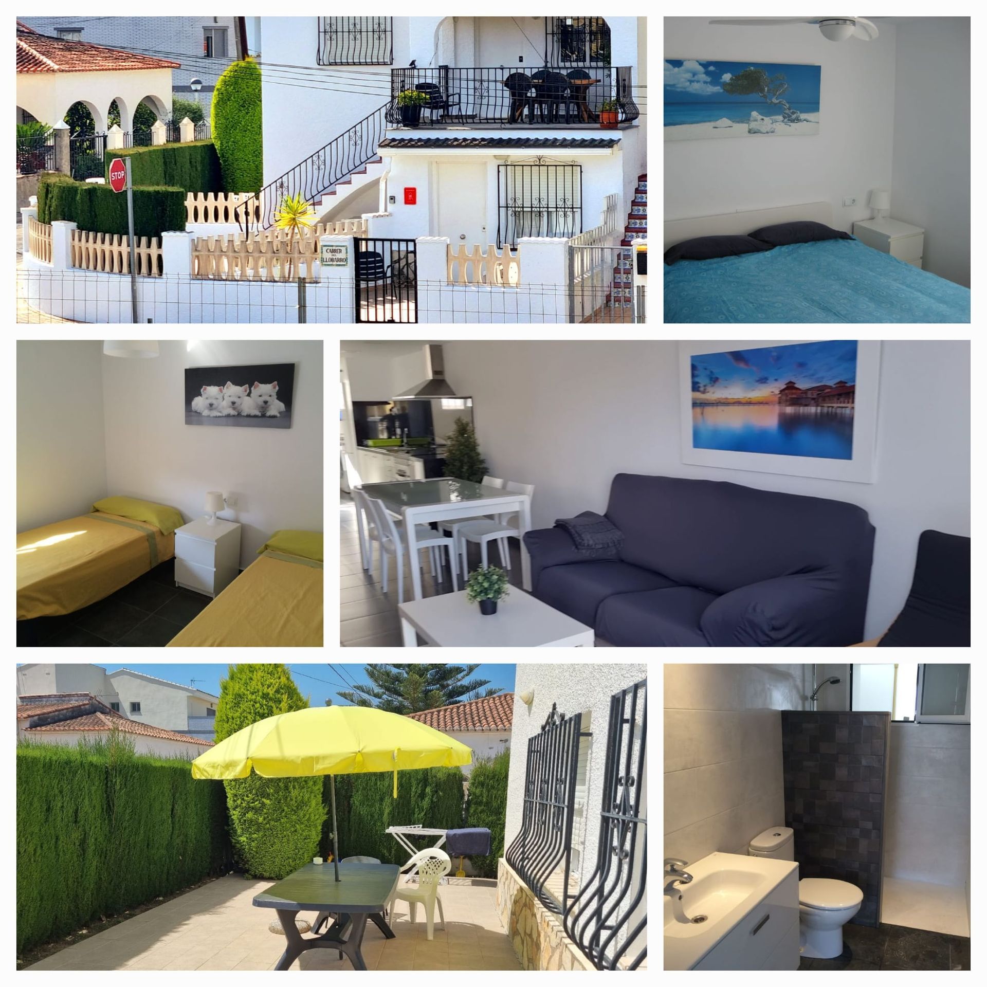 Collage de habitaciones: exterior con portón y escaleras; dormitorios, sala, comedor, patio con sombrilla; baño.