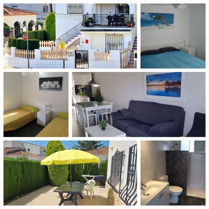Collage de apartamento vacacional con interiores blancos, detalles azules, zona de estar en el patio, dormitorios y un pequeño baño.