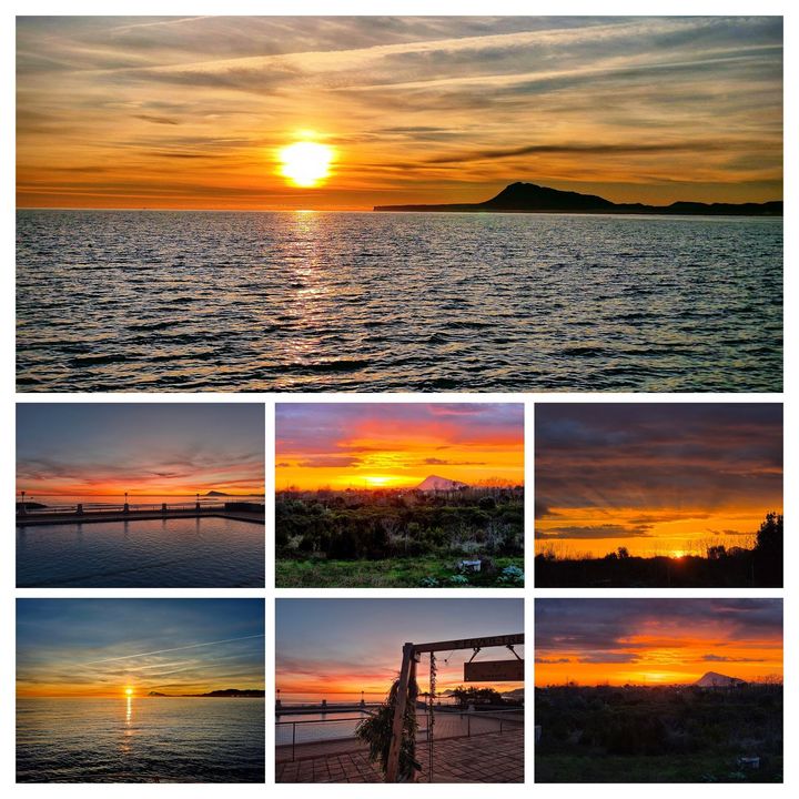 Puesta de sol sobre el océano con un cielo resplandeciente y un collage de vistas más pequeñas de la puesta de sol en la playa.