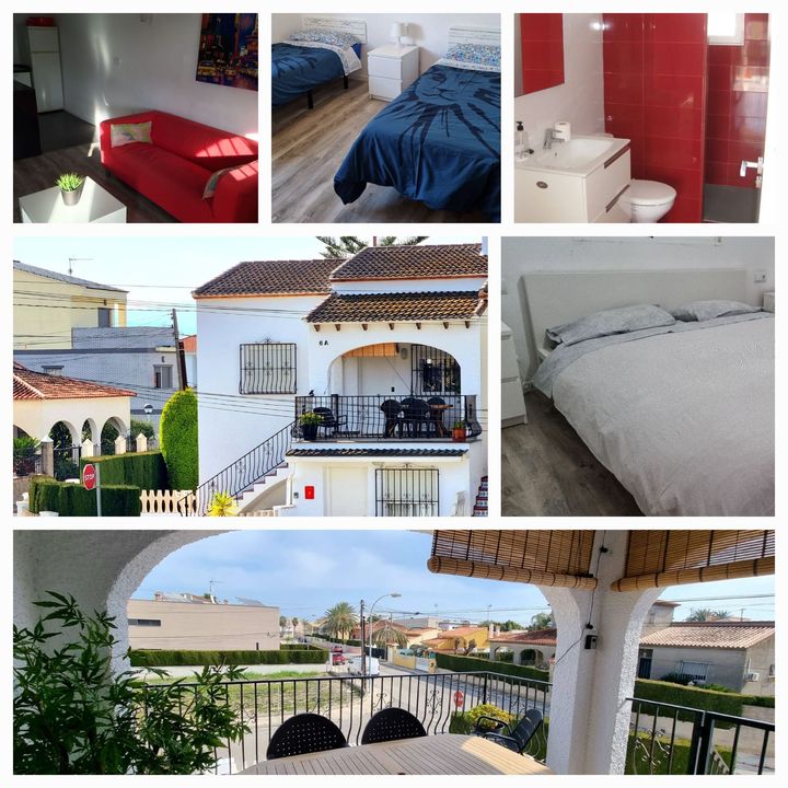 Collage de las habitaciones, el baño, el balcón y las vistas exteriores de una villa blanca con detalles en rojo y azul.