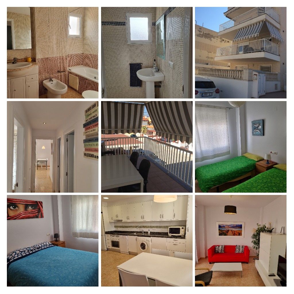 Collage de vistas interiores y exteriores de una casa de alquiler vacacional: baños, balcón, dormitorios, cocina y sala de estar.