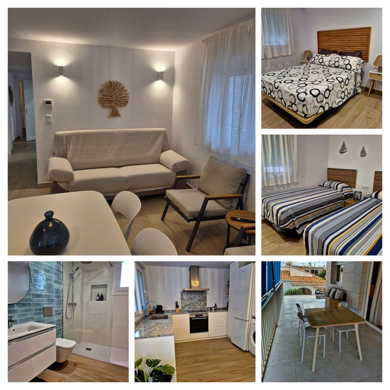 Collage de un luminoso apartamento con sala de estar, dormitorios, baño, cocina y comedor.