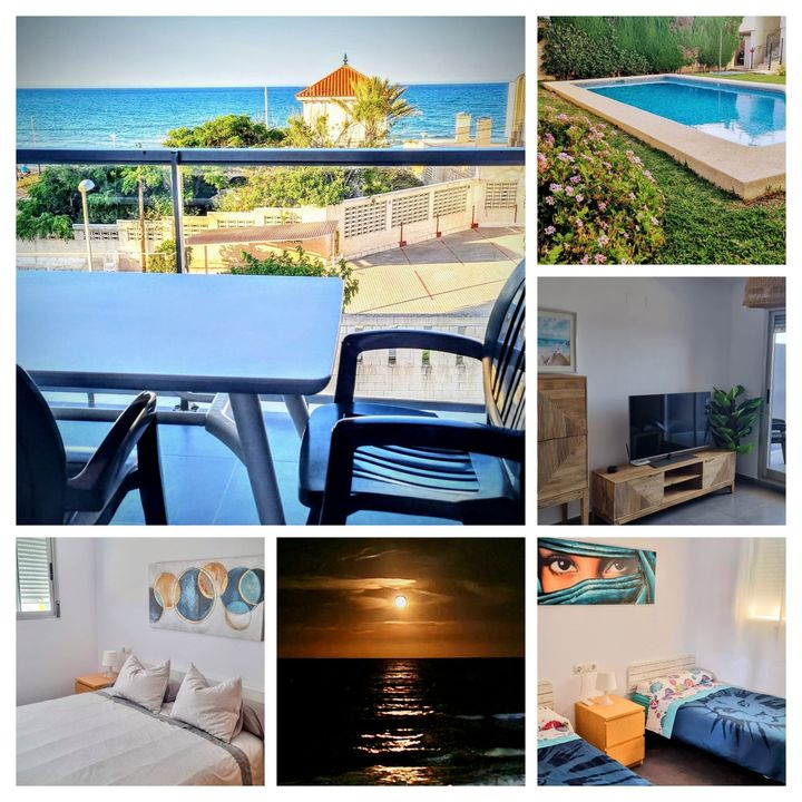 Collage de apartamento junto a la playa con balcón con vistas al mar, piscina, sala de estar, dormitorio y puesta de sol sobre el océano.