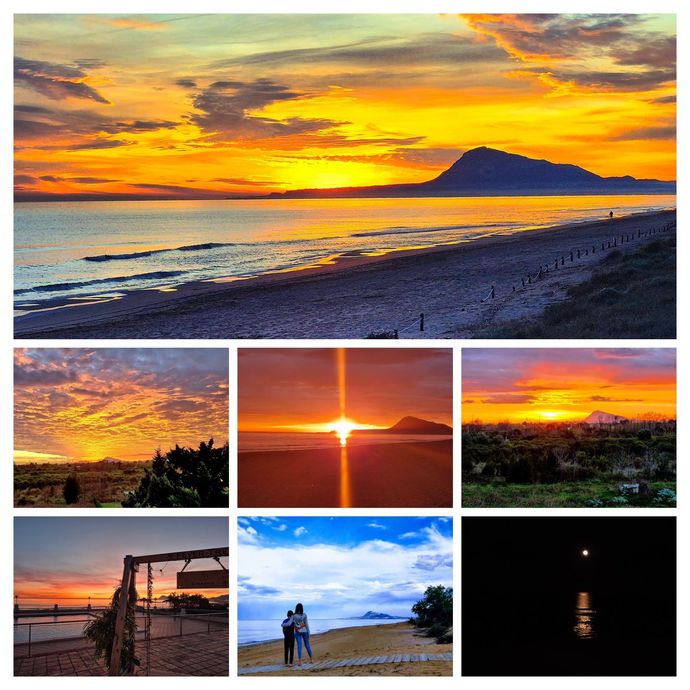 Collage de coloridas puestas de sol en la playa, horizontes oceánicos y una escena nocturna estrellada con personas y la silueta de un columpio.