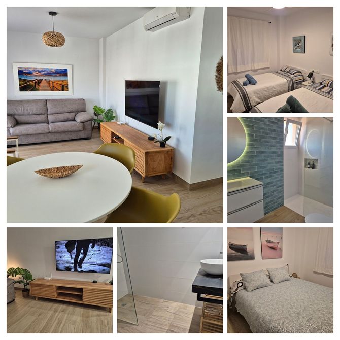 Collage de una luminosa sala de estar, dormitorio, baño, rincón de televisión y ducha alicatada en un apartamento moderno.