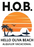 Logotipo de HOB con puesta de sol naranja, palmeras, surfistas y el texto &ldquo;Hello Oliva Beach Alquiler Vacacional&rdquo;