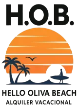 Logotipo de HOB con puesta de sol naranja, palmeras, surfistas y el texto &ldquo;Hello Oliva Beach Alquiler Vacacional&rdquo;