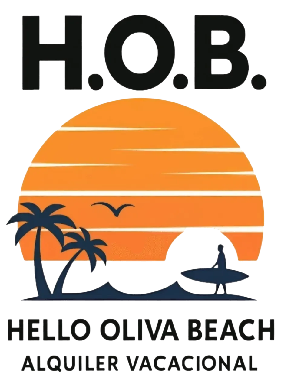 Logotipo: Atardecer sobre el océano con palmeras, surfista y texto "HOB Hello Oliva Beach Alquiler Vacacional".