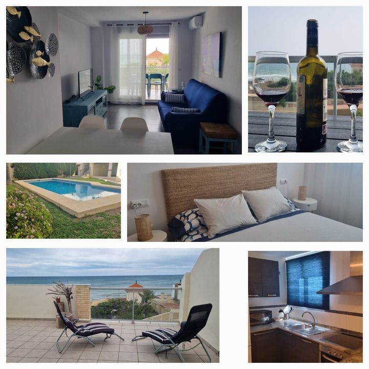 Collage de apartamento vacacional con sala de estar, dormitorio, balcón con vista al mar, piscina y copas de vino.
