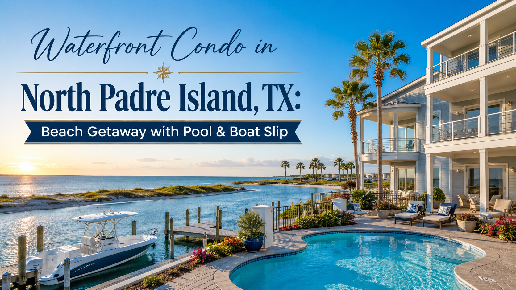 Waterfront condo in North Padre Island, TX, with pool, boat slip, and bay view