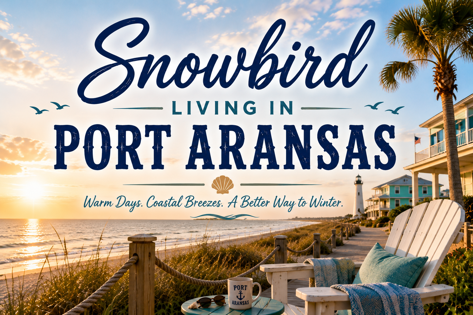 Snowbird Living in Port Aransas beachfront scene with palm trees, Adirondack chairs, and sunset sky