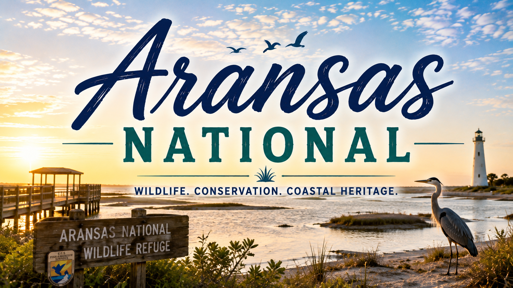 Aransas National Wildlife Refuge sign at sunrise with birds over a marsh and a flamingo statue