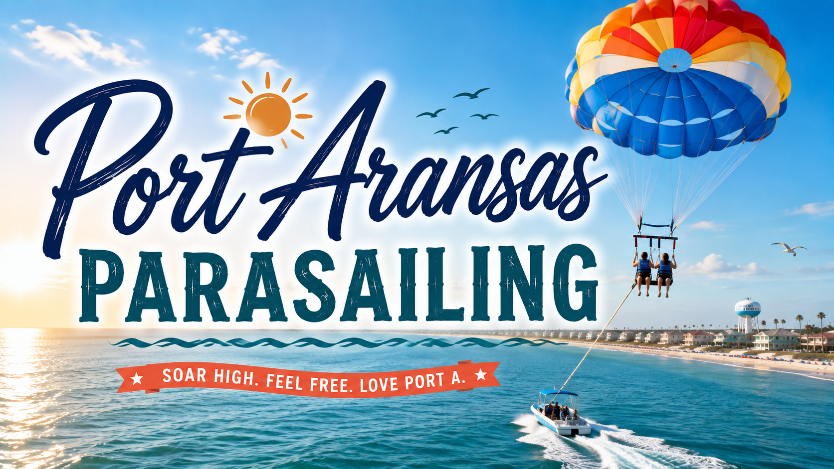 Port Aransas parasailing poster over a blue ocean, with colorful parachutes and a boat towing riders.