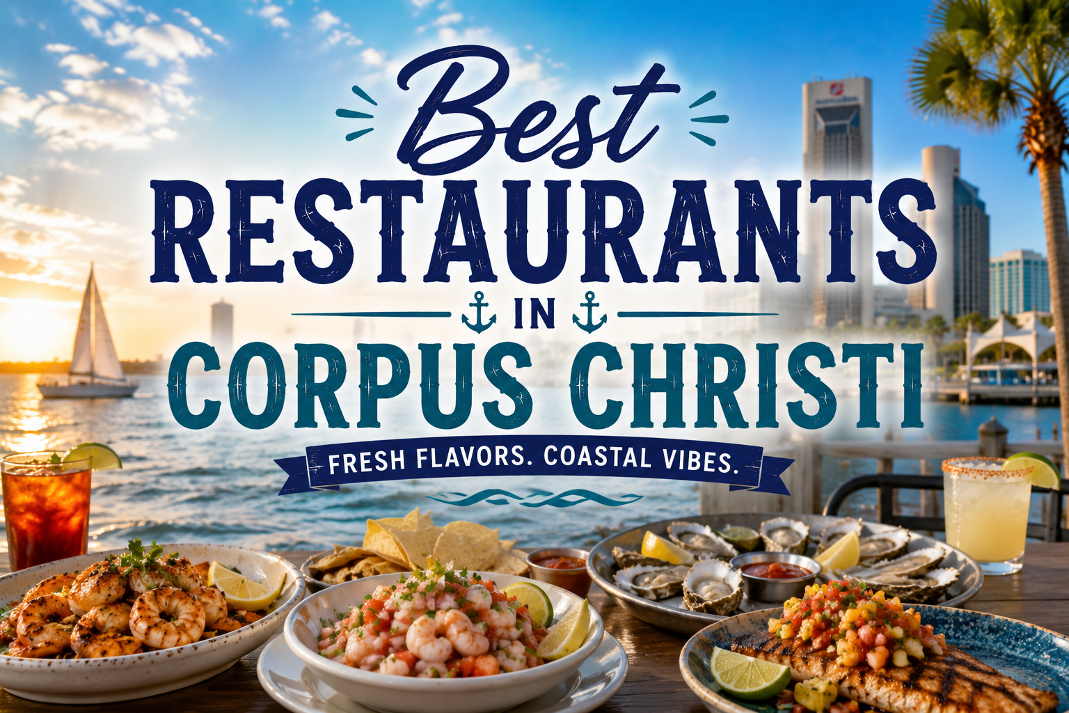 Poster for Best Restaurants in Corpus Christi with skyline, seafood dishes, and coastal sunset backdrop