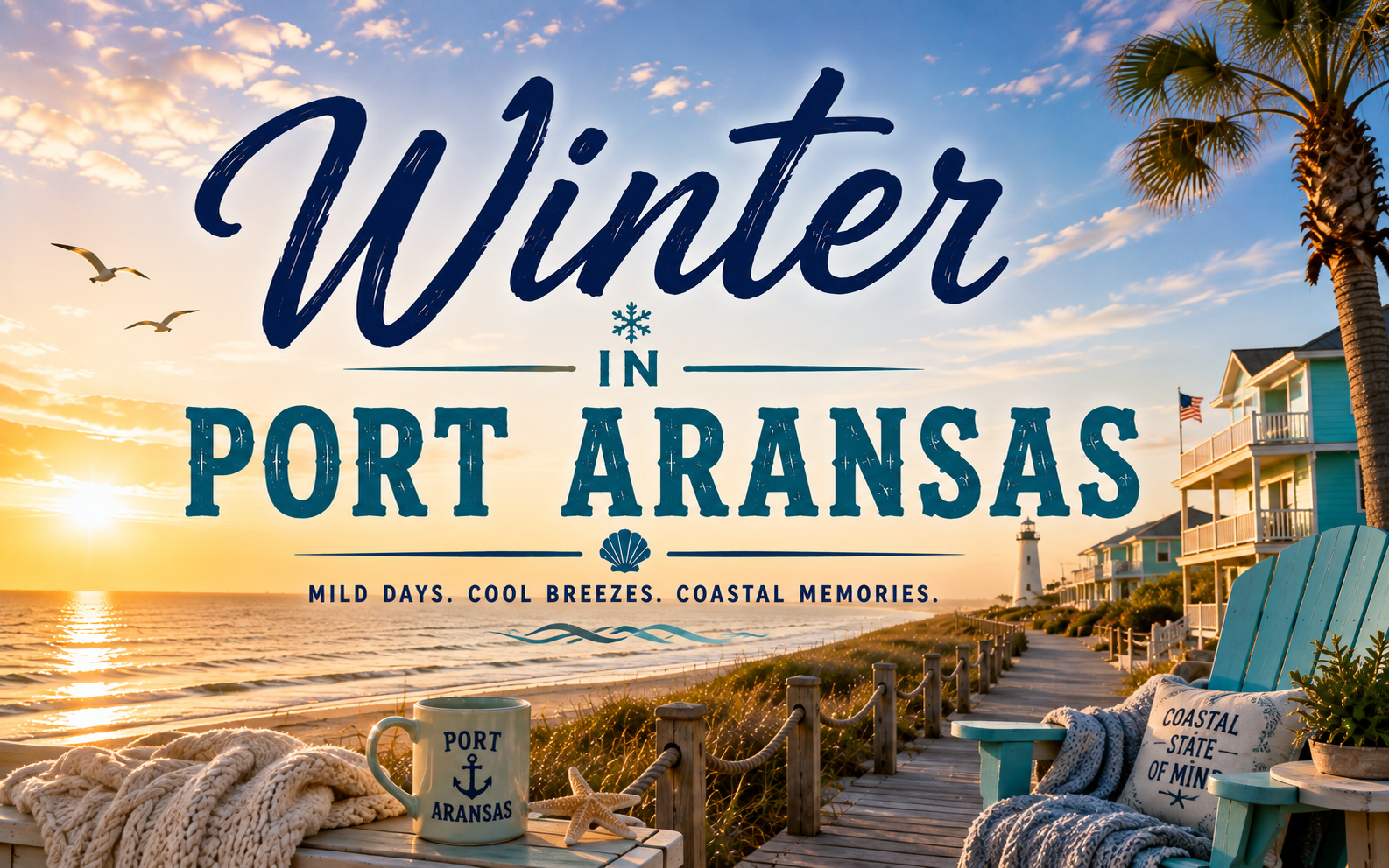 Winter in Port Aransas sign over a beach boardwalk at sunset, with palm trees and dunes.