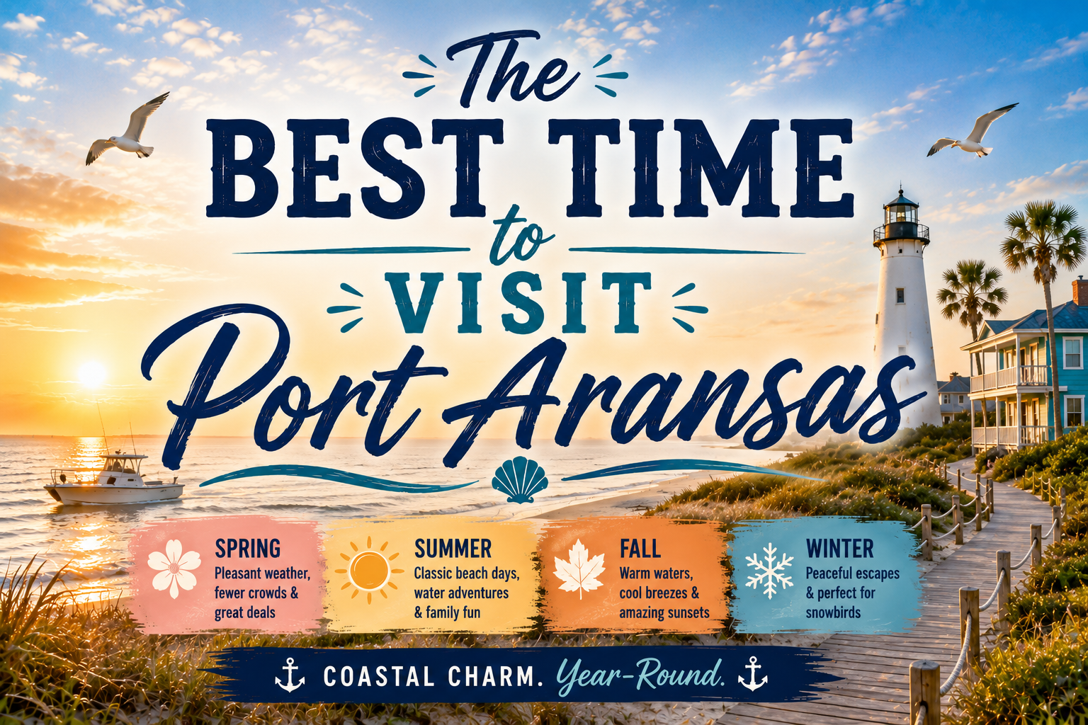 Sunset beach scene in Port Aransas with bold text: “The Best Time to Visit Port Aransas”
