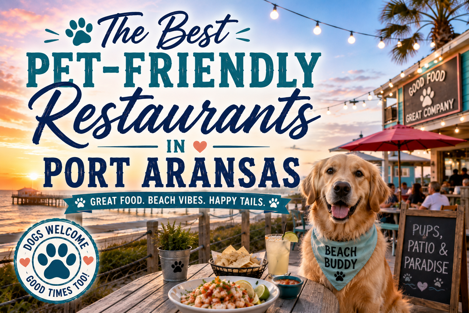 Pet-friendly restaurants in Port Aransas poster with a golden retriever on a beachside patio