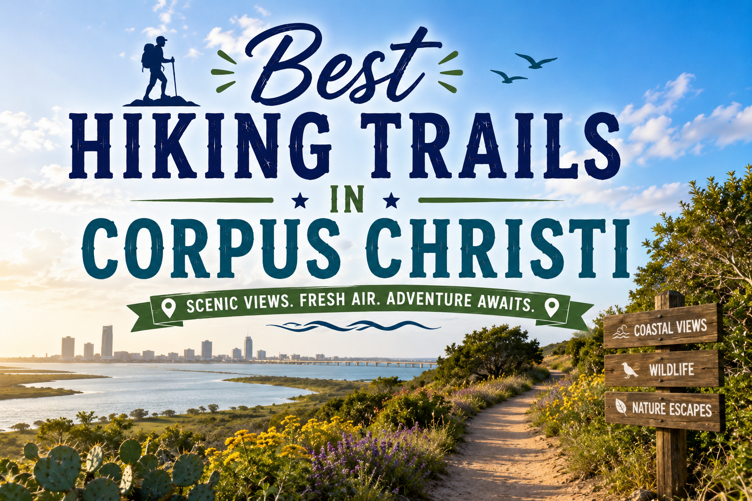 Best hiking trails in Corpus Christi poster with coastal path, skyline, and scenic bayside view