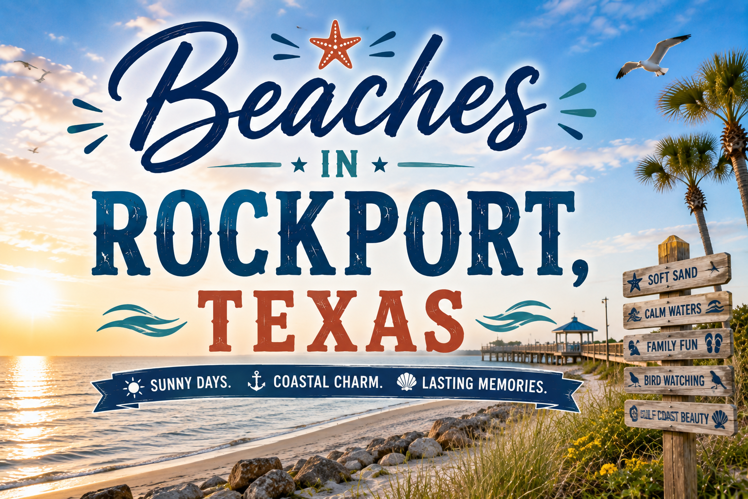 Beach sign for Rockport, Texas with blue sky, shoreline, and directional posts for sights like sunrise and birding