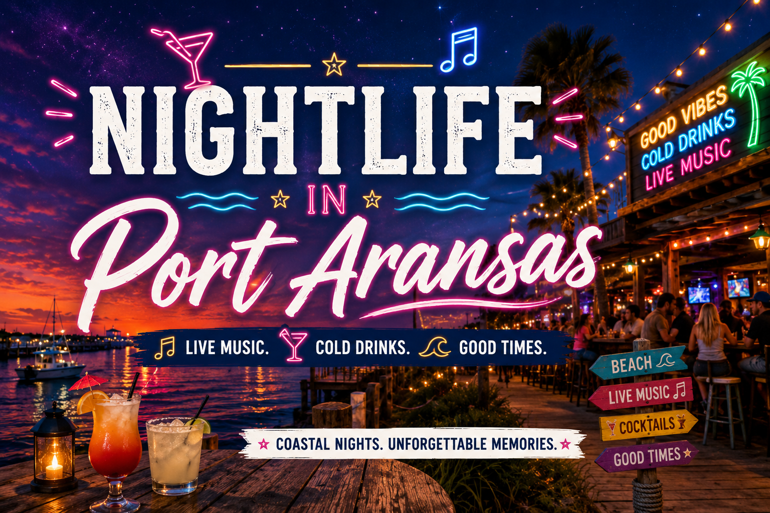 Nightlife in Port Aransas poster with neon signs, palm trees, cocktails, and sunset beachfront scene