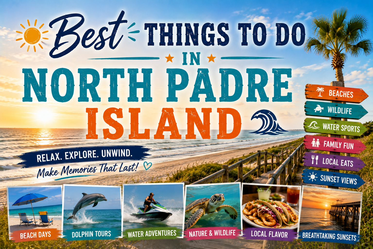 Travel poster: “Best Things to Do in North Padre Island” with beach, sunset, and activity icons.