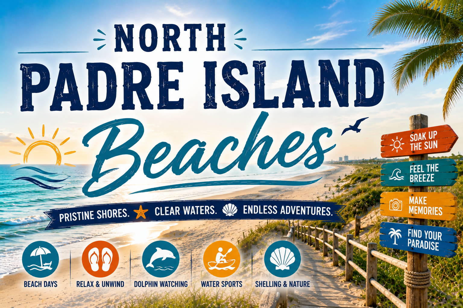 North Padre Island Beaches sign with ocean and boardwalk, listing surf, fishing, birding, windsurfing, and kiteboarding.