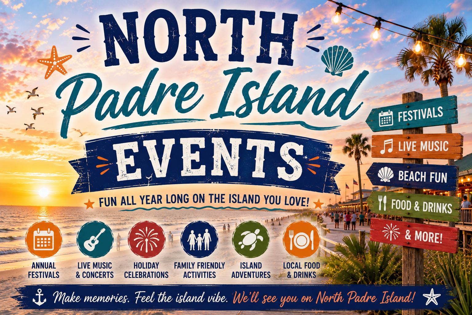North Padre Island events poster with beach-themed icons, surfboards, and string lights at sunset.