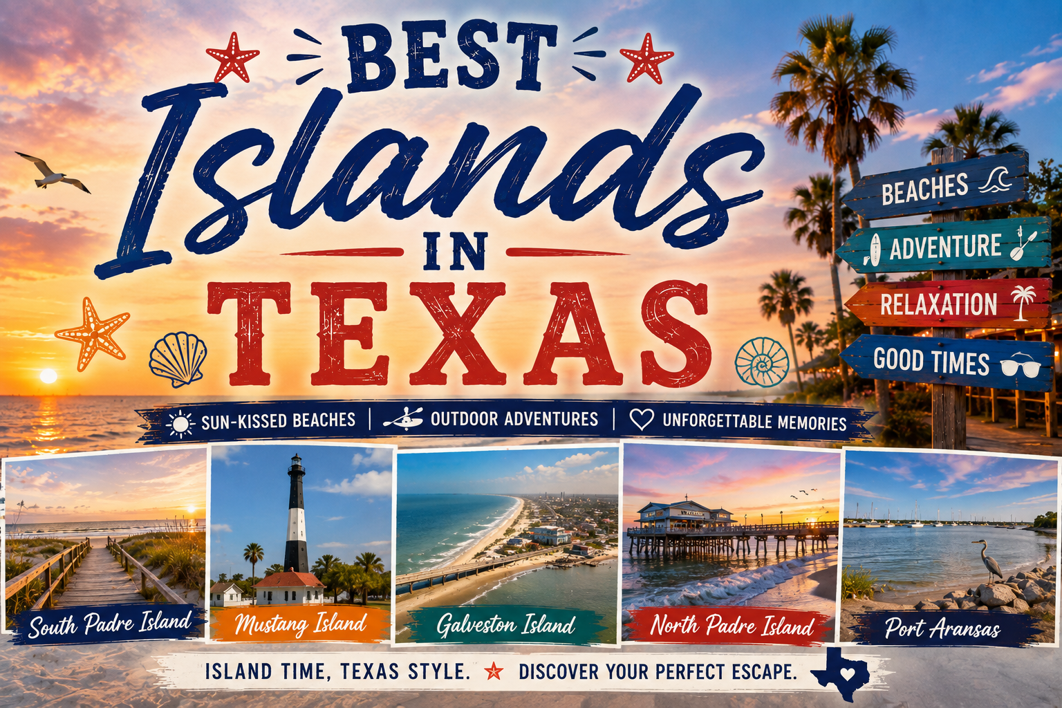 Texas travel poster with “Best Islands in Texas” over beach scenes and tropical colors