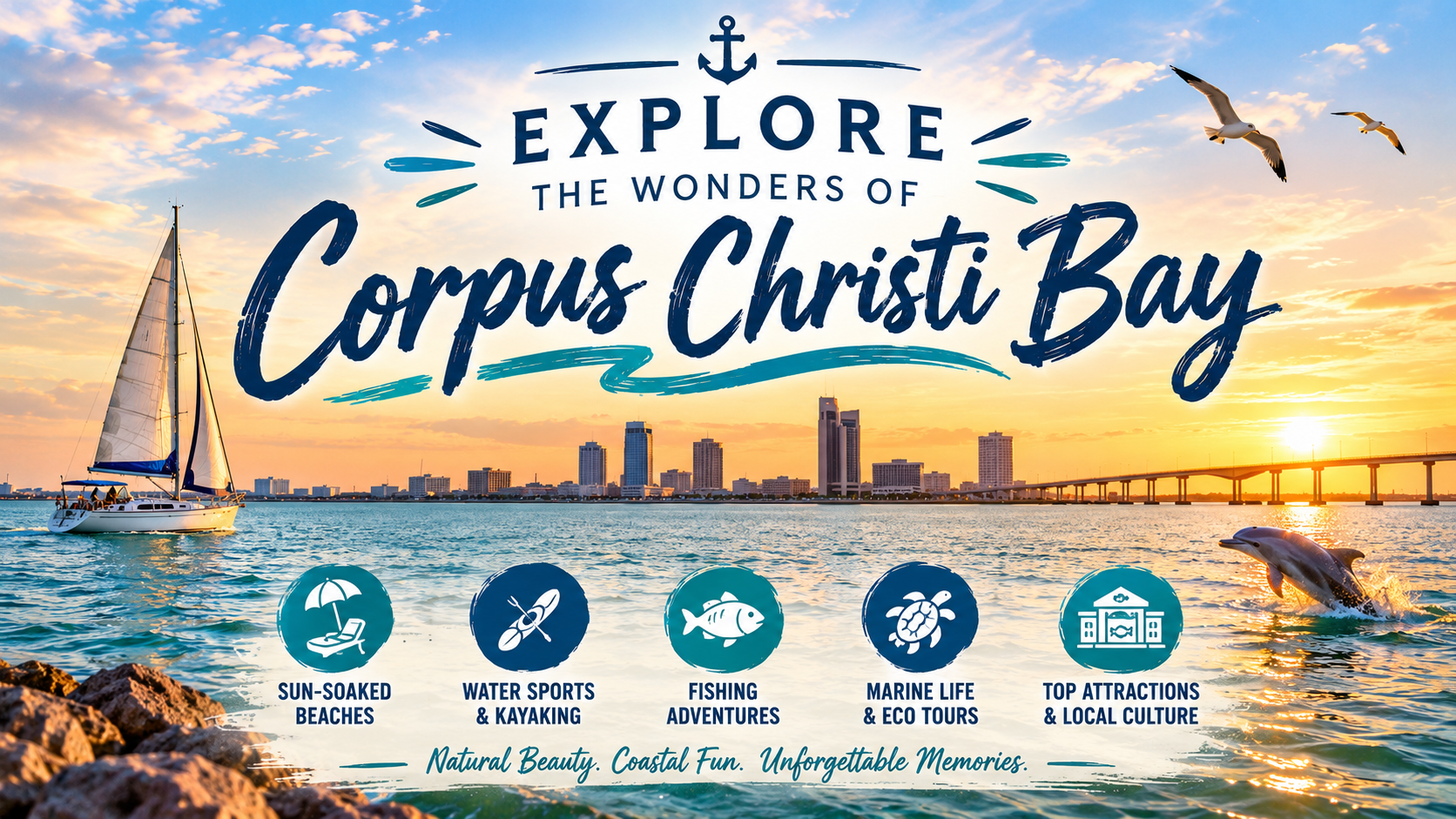 Corpus Christi Bay travel poster with sailboats, skyline, birds, and sunset over water