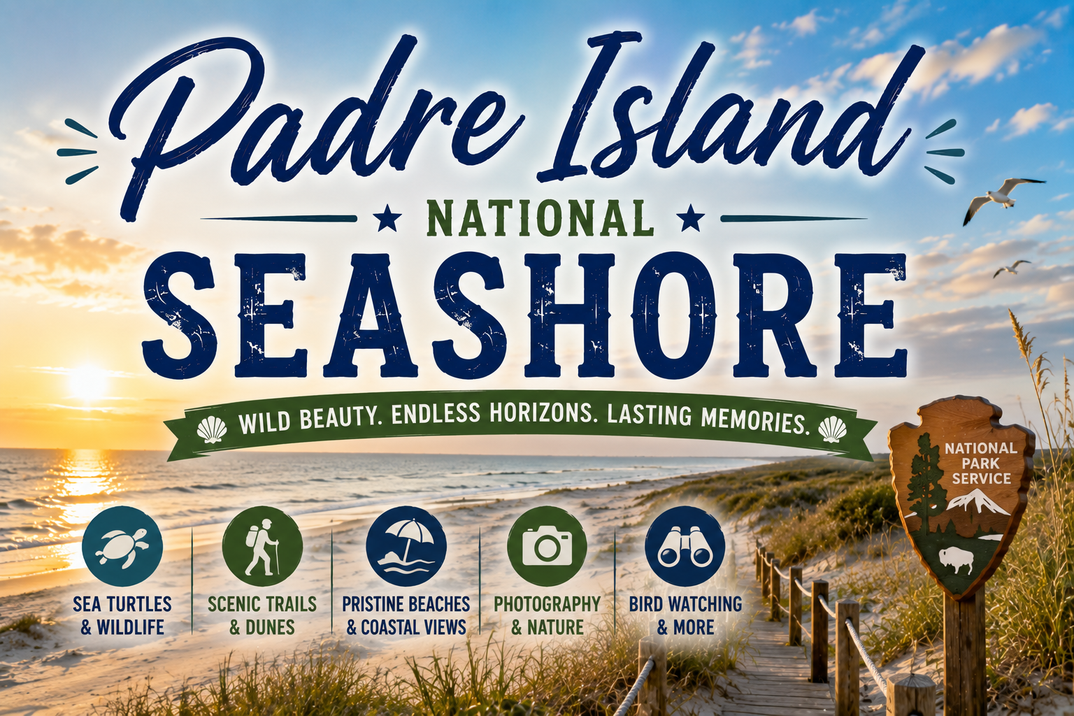 Padre Island National Seashore sign with beach dunes, blue sky, and coastal icons