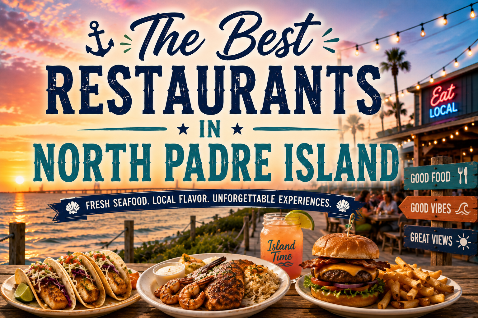 Poster for “The Best Restaurants in North Padre Island” with seafood dishes, sunset beach scene, and restaurant signs
