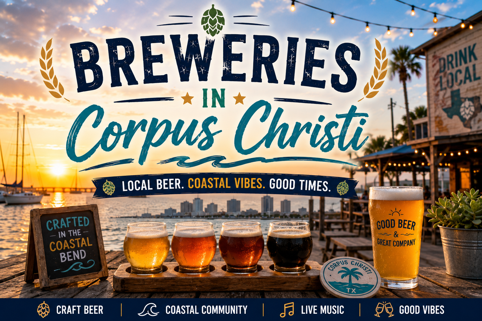 Breweries in Corpus Christi poster with beer glasses, sunset sky, and waterfront patio scene