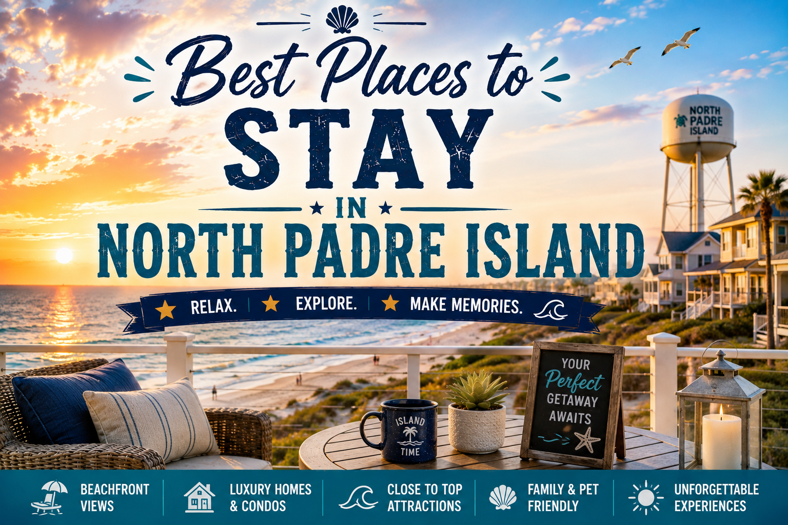 Travel poster for best places to stay in North Padre Island, featuring a beach sunset and resort amenities.
