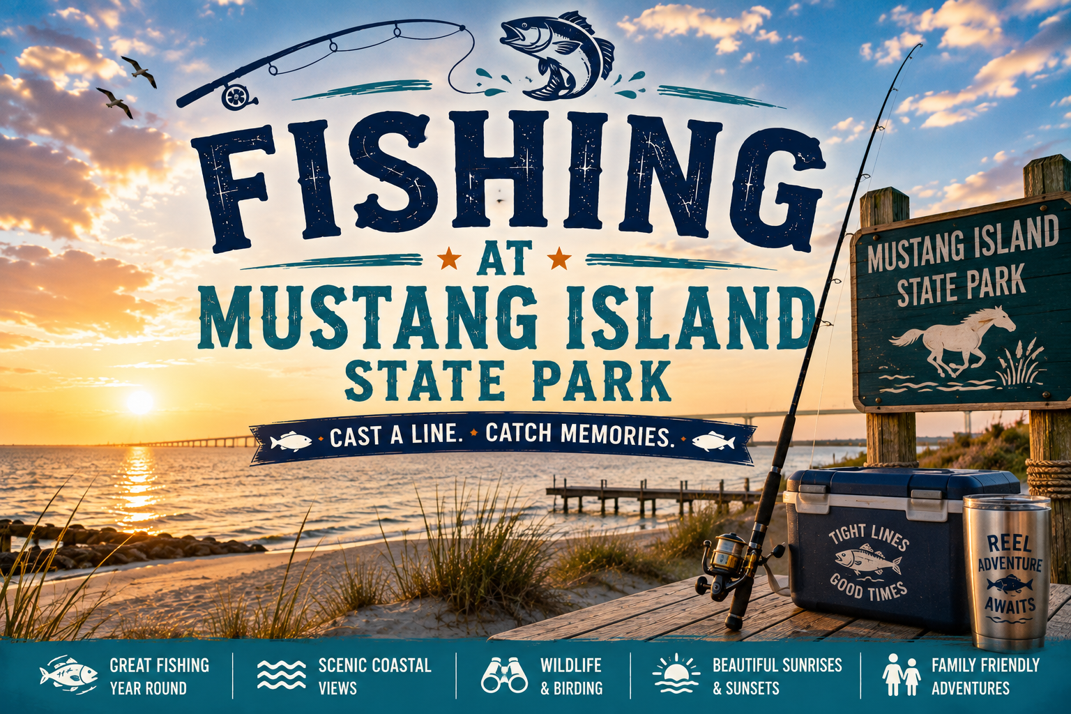 Fishing poster for Mustang Island State Park with sunset beach scene and park sign