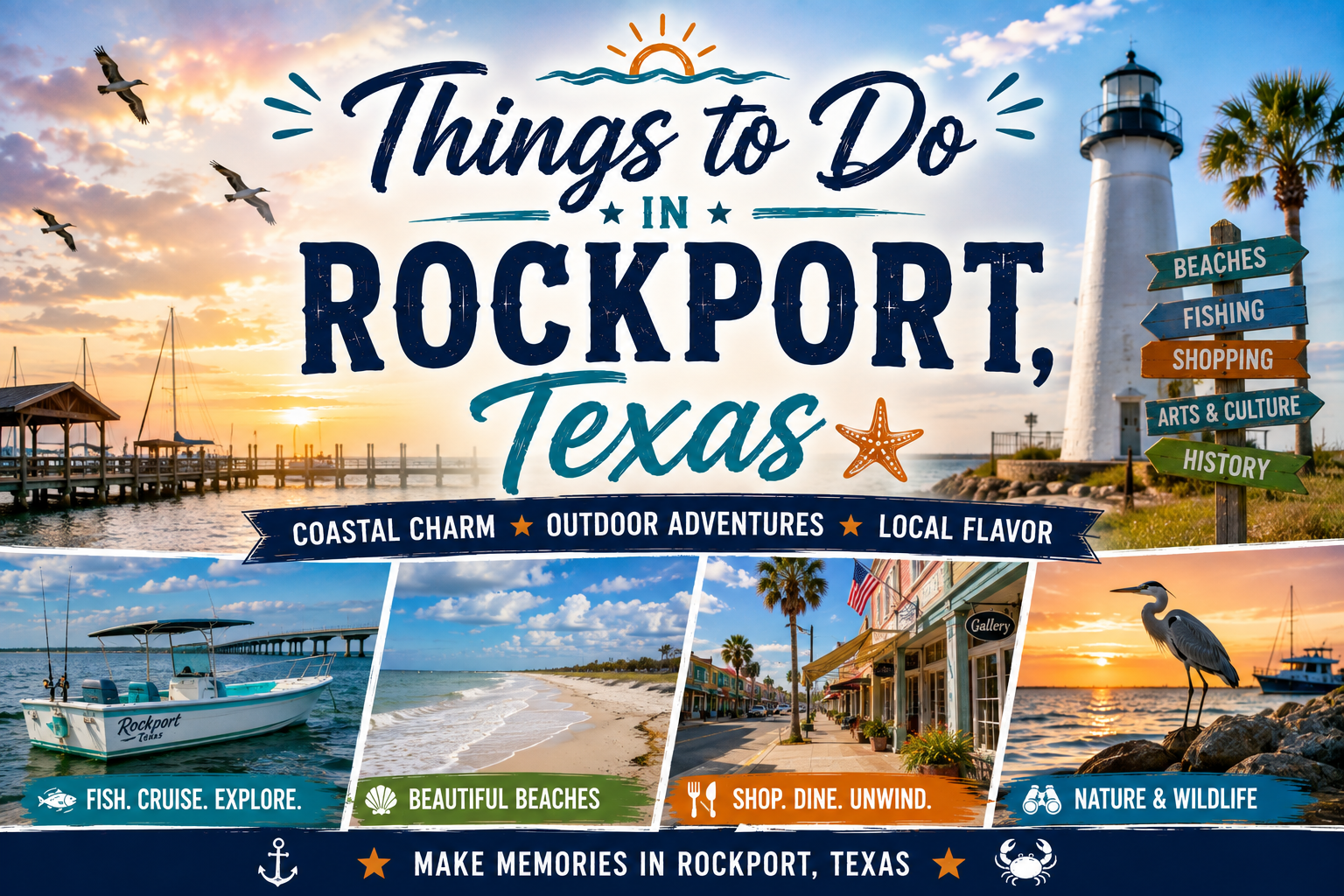 Rockport, Texas tourism poster with sunset harbor, birds, lighthouse, and coastal activity icons