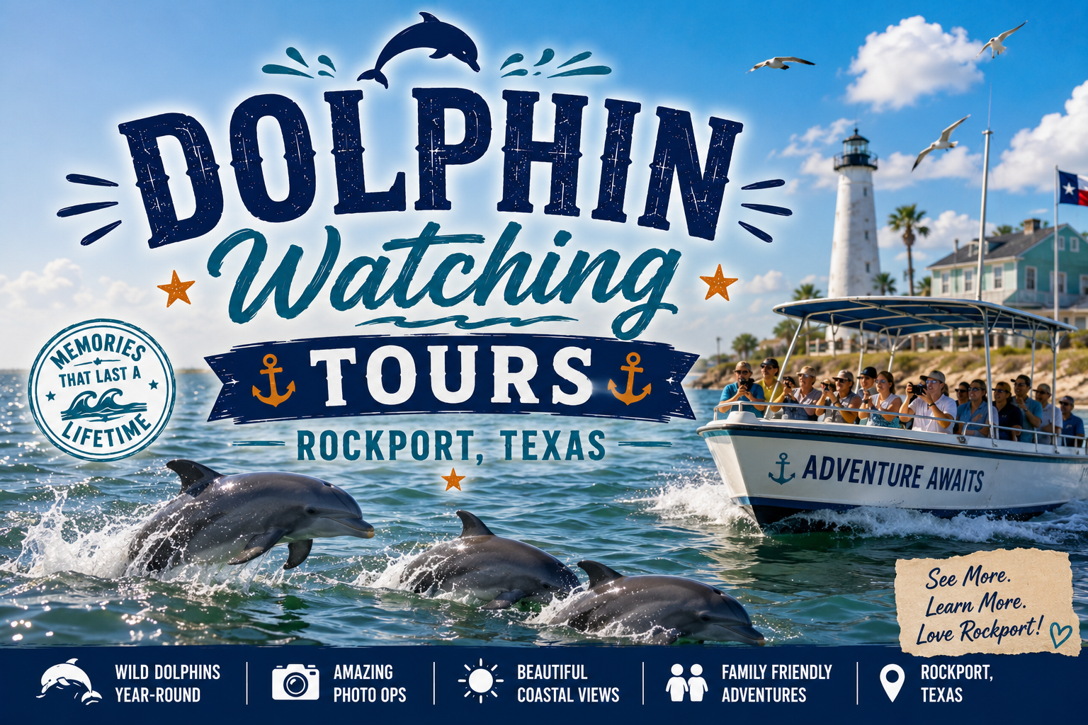 Dolphin Watching Tours at Rockport, Texas with dolphins, boats, and coastal skyline under a bright blue sky
