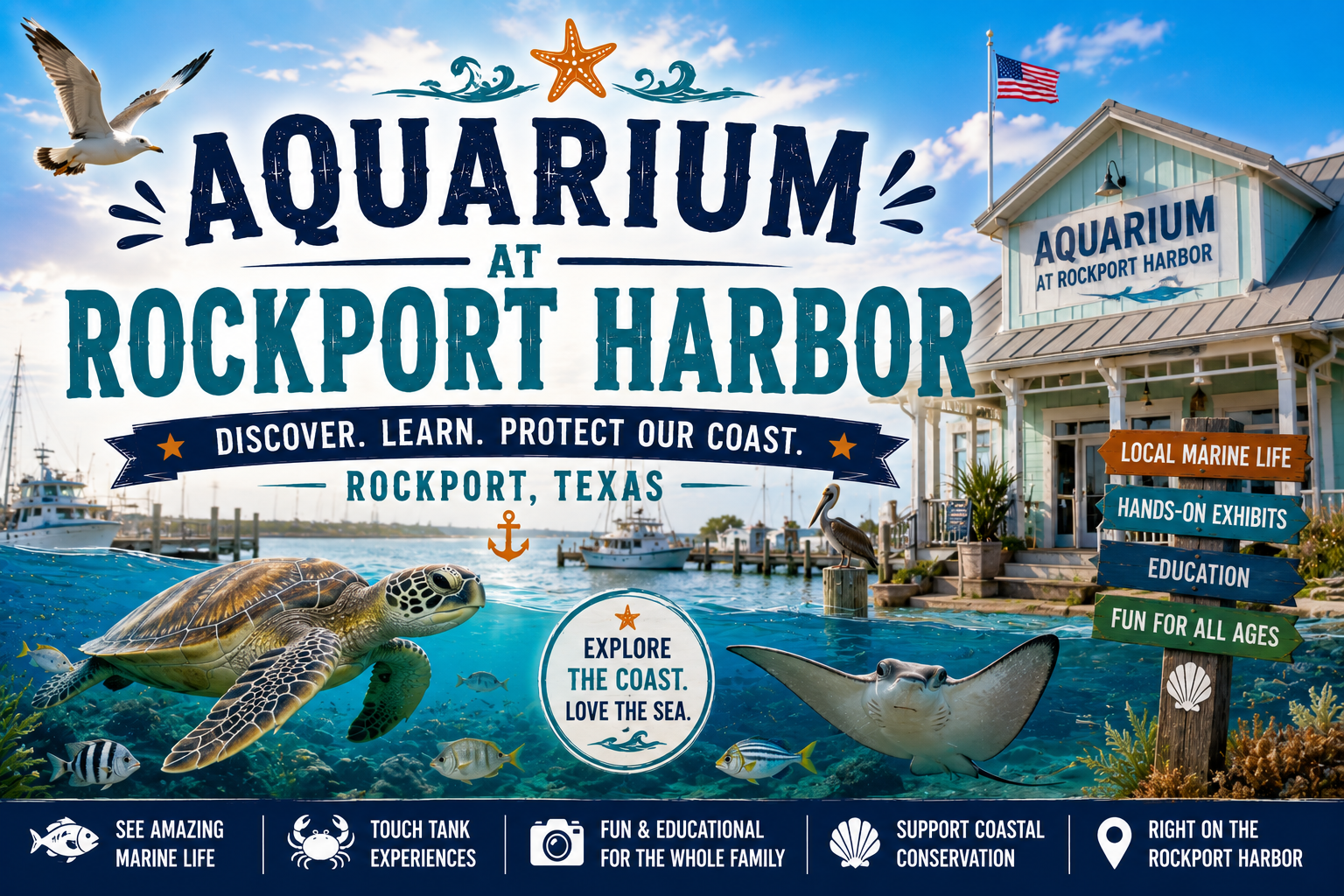 Aquarium at Rockport Harbor poster with fish, seabirds, harbor scene, and Texas-themed signboards